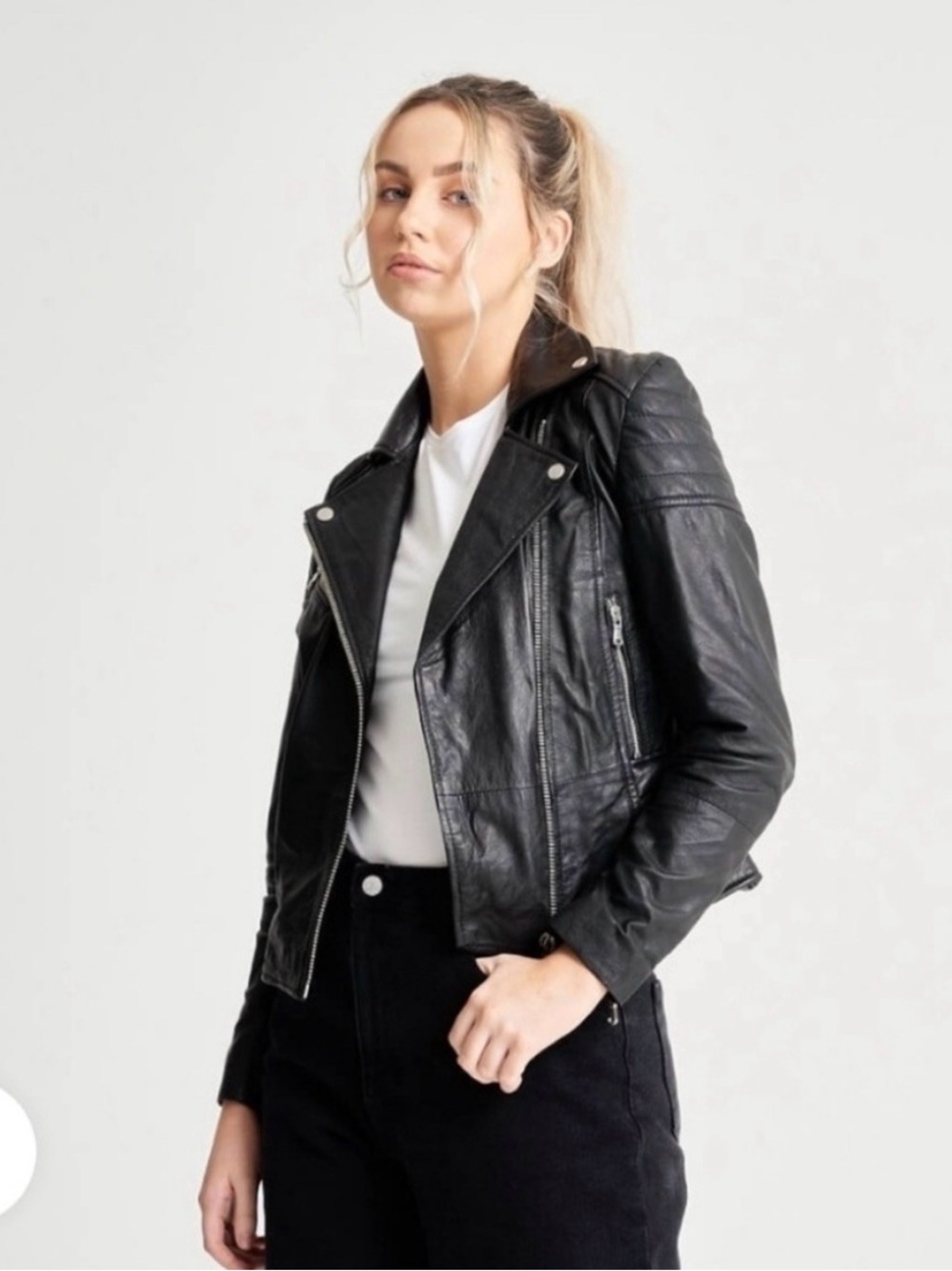 Barney’s Originals Clara 100% Real Leather Black Quilted Moto Jacket US 8, UK 12